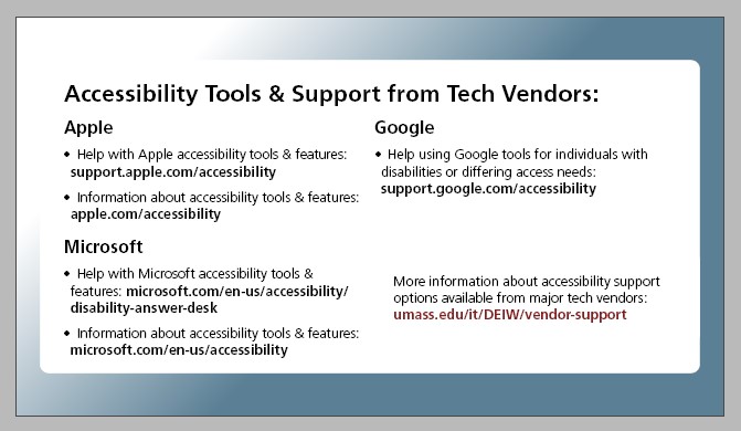 example of twitter graphics with information about getting accessibility tech help from vendors