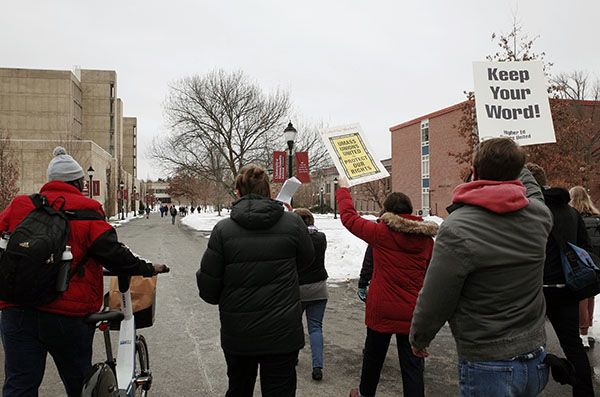 Union ralliers march towards the administrative buildings