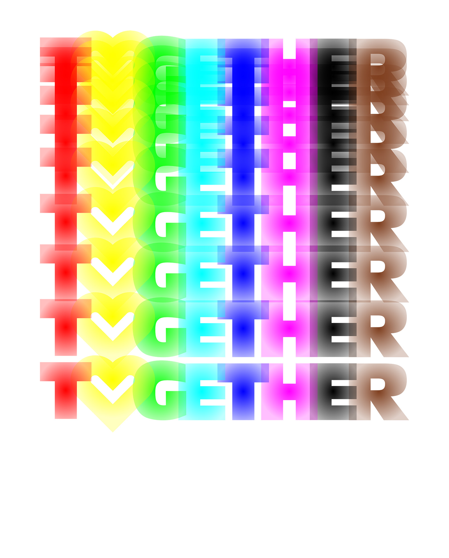 A tall graphic with cascading copies of the text together in rainbow colors, overlapping and collapsing into eachother